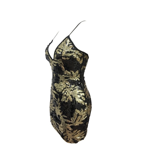 Sexy V Cut Gold Leaves Mini Sequin Dress - Picture 5 of 8